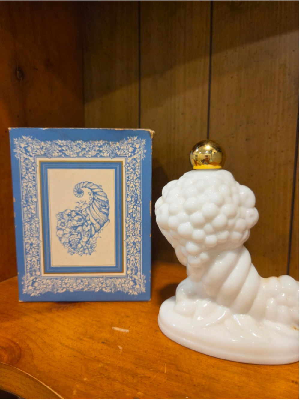 Vintage Avon Skin-So-Soft Cornucopia Bath Oil Bottle, White & Gold